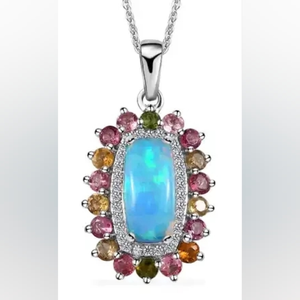Ethiopian Welo Opal and Multi Gemstone Pendant Necklace 20"